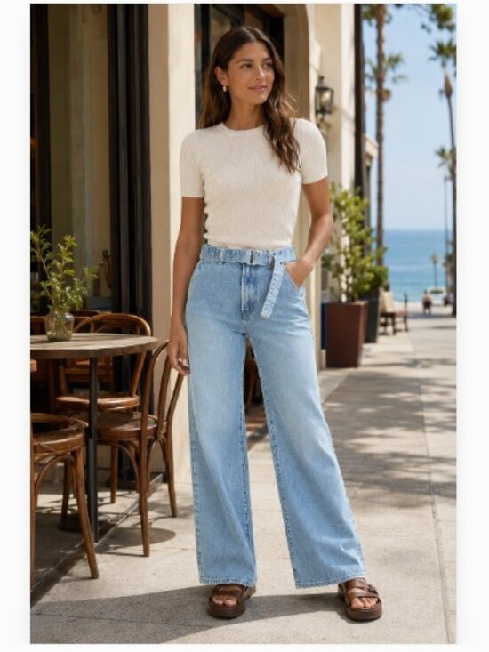 Loft Denim - Loft Rivete Belted High Rise Wide Leg Light Wash Jeans 29/8 NWOT